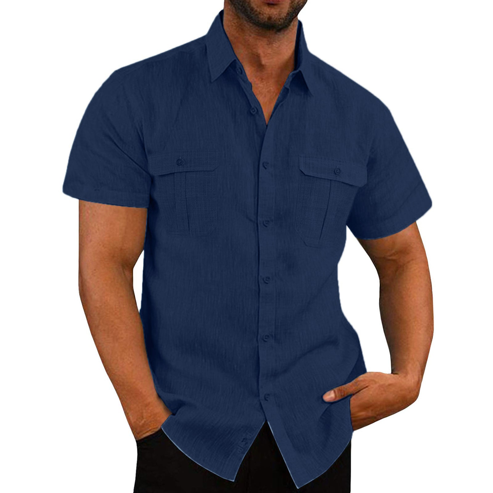 Men'S Button Short Sleeve Shirt Summer Casual Double Pocket Wide Collar Beach Shirt Summer