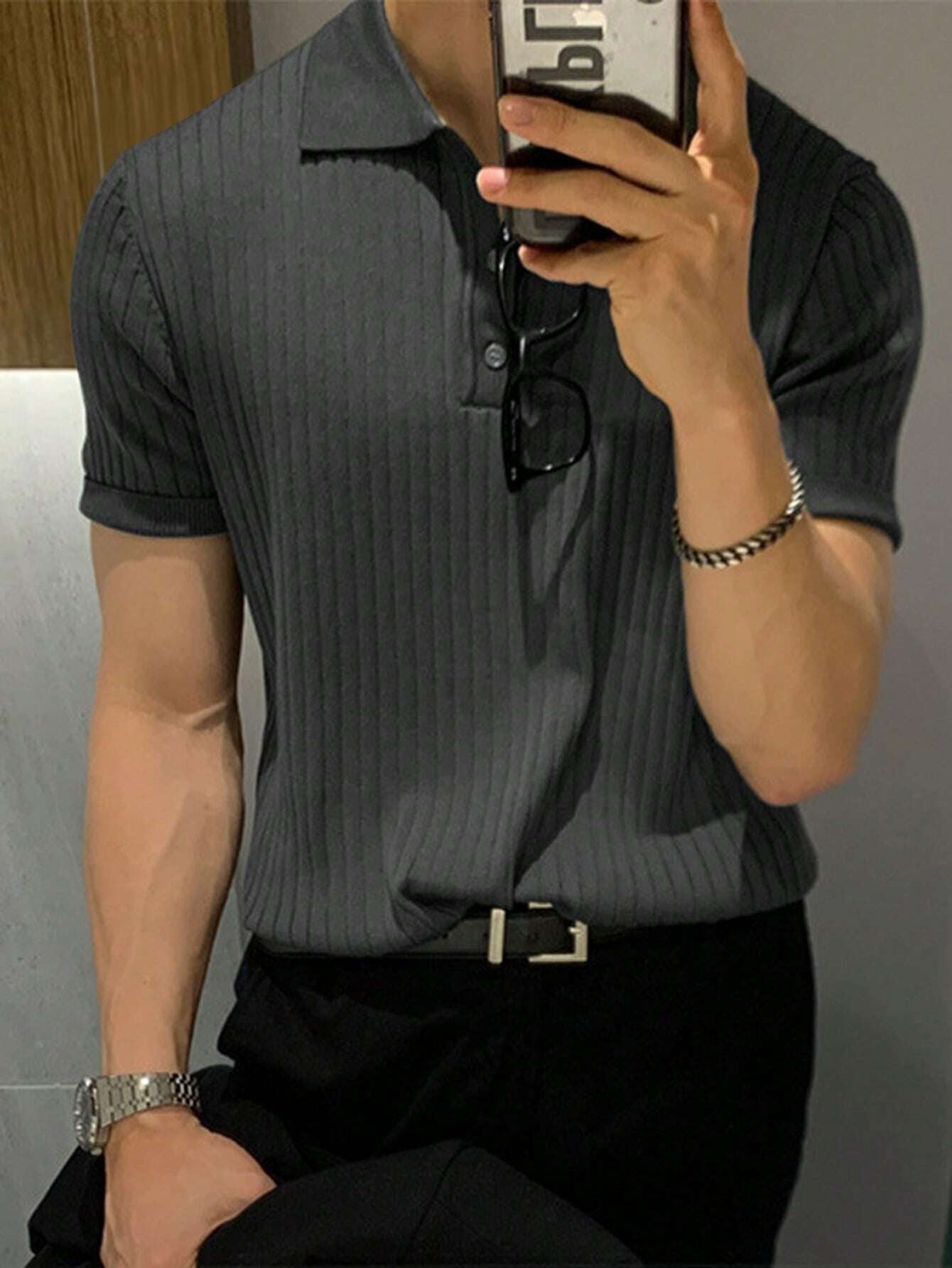 Manfinity Homme Men Ribbed Knit Polo Shirt