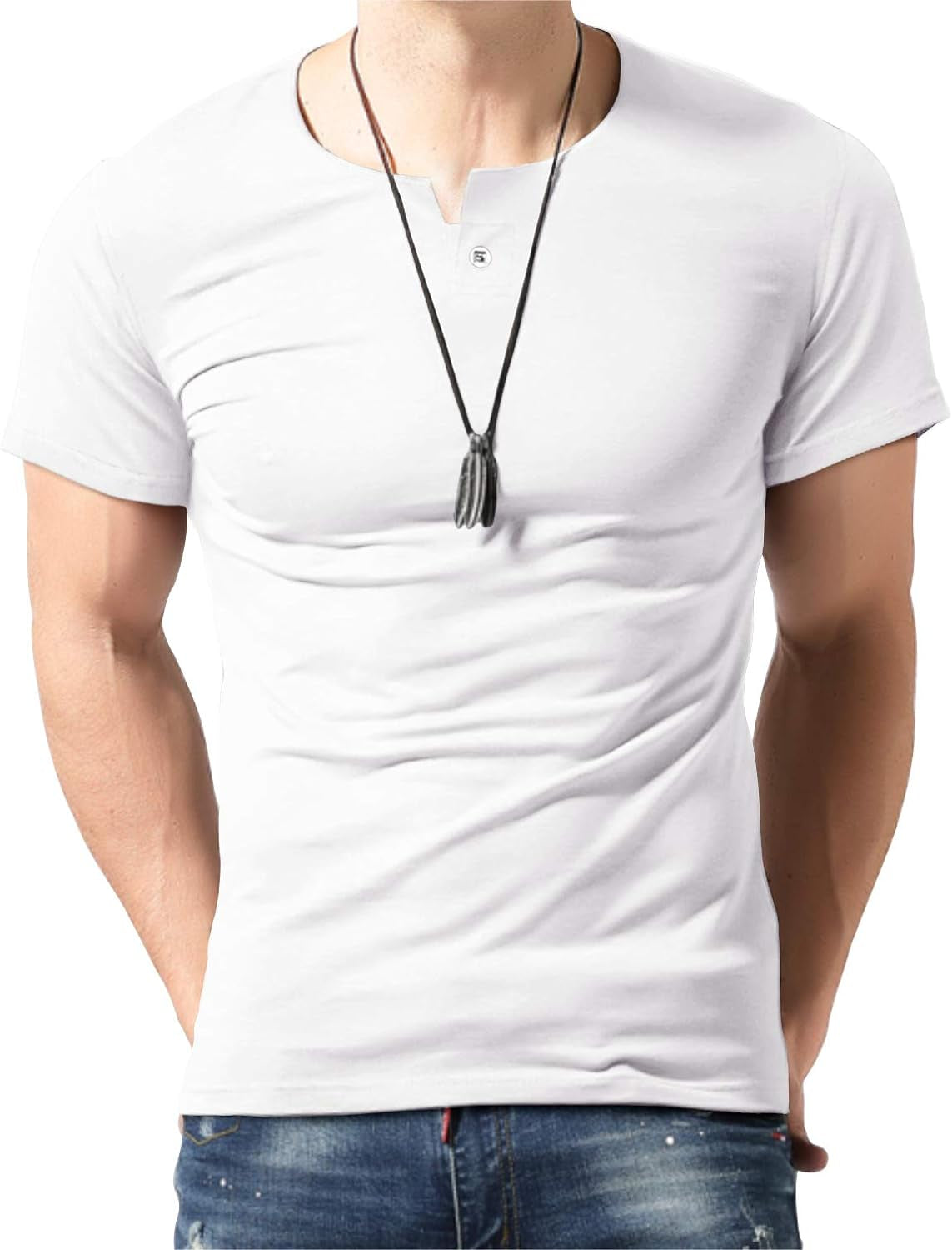 Men'S Short Long Sleeve Casual Slim Fit Single Button Placket Plain Henley Top T Shirts