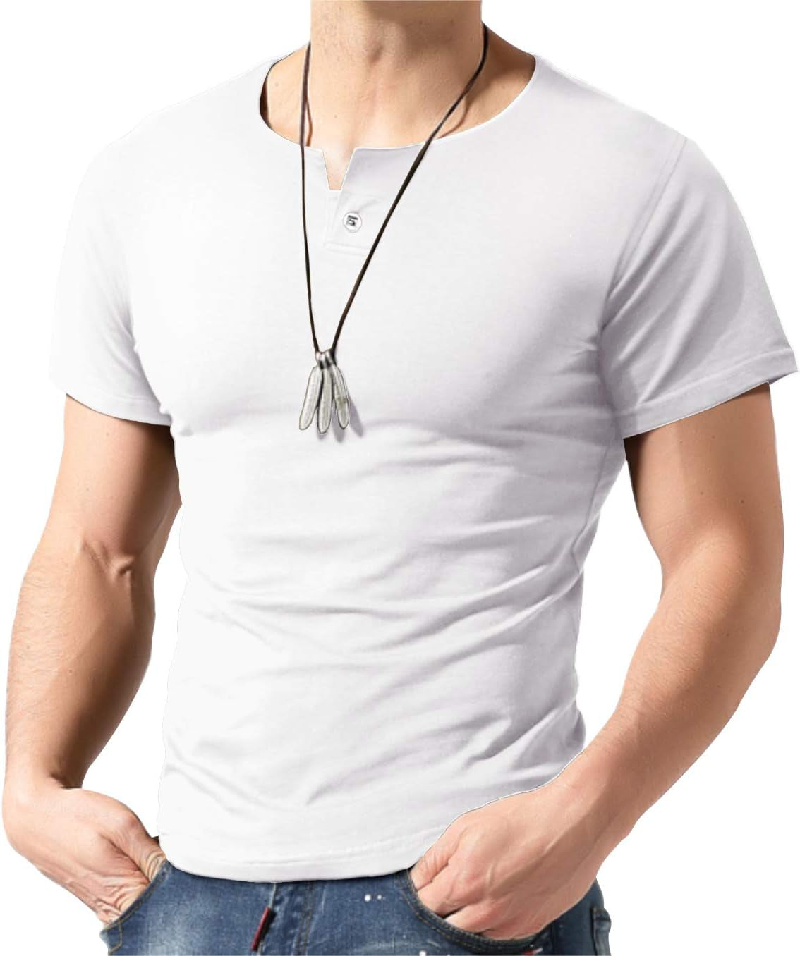 Men'S Short Long Sleeve Casual Slim Fit Single Button Placket Plain Henley Top T Shirts