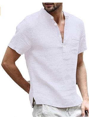 Casual Linen Solid Color Shirt Button V Neck Beach Shirt Men Summer Tops