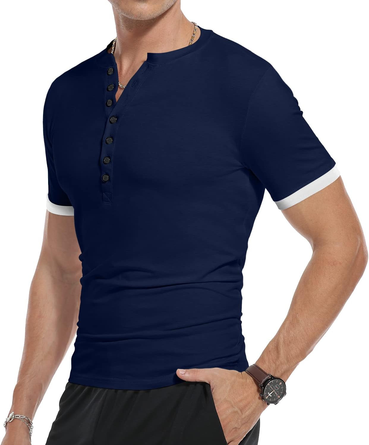 Mens Casual Slim Fit Basic Henley Short Sleeve Fashion Summer T-Shirt