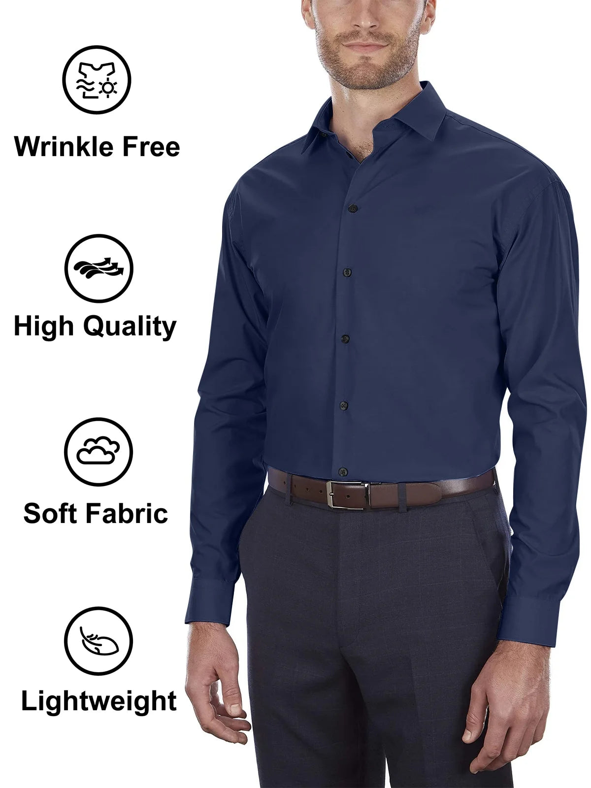 Mens Dress Shirts Slim Fit Solid Long Sleeve Stretch Mens Button down Shirts Wrinkle-Free No-Iron Formal Business Casual Button up Shirt, Navy, S